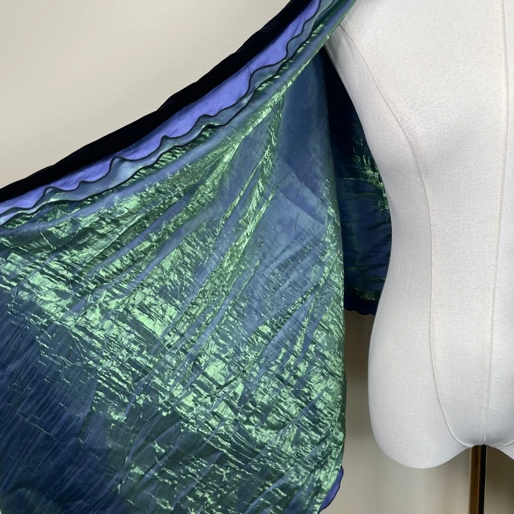 Vintage Velvet Iridescent Ruffle Wrap Shawl Women Black Blue Green Metallic Trim